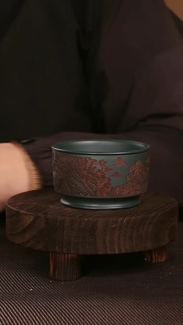 茶杯紫砂墨绿泥紫砂手工刻绘主人杯150CC