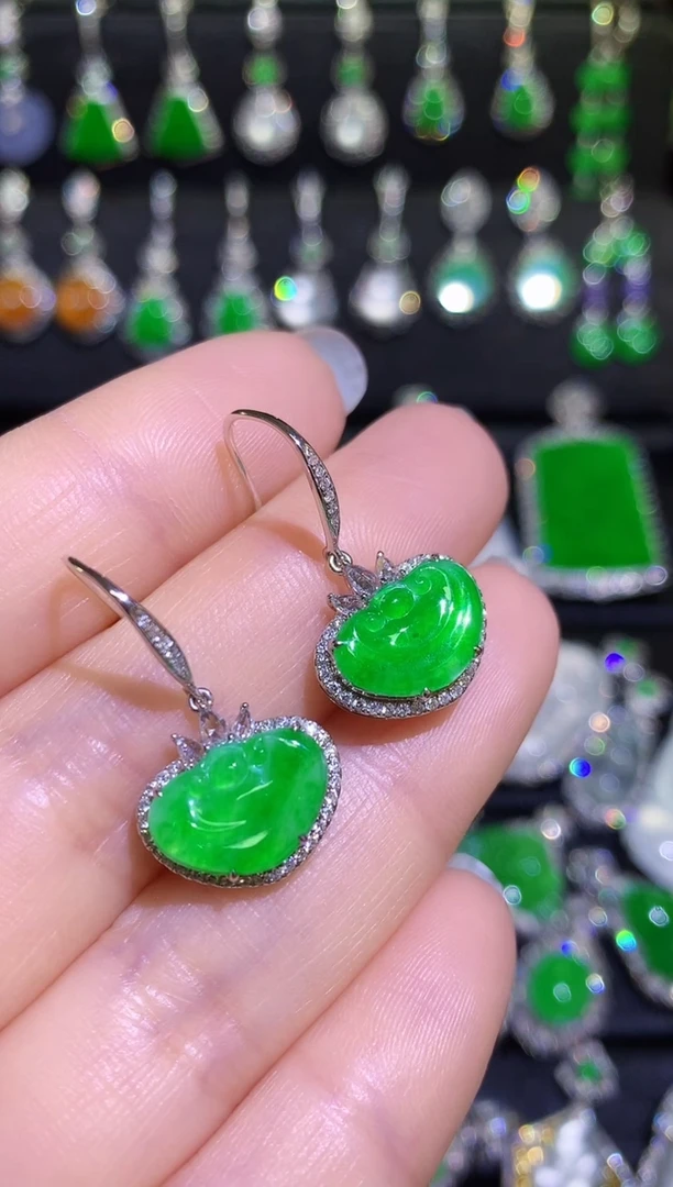 【闪购商品】翡翠耳饰18K金镶嵌高冰满绿正阳绿如意耳坠