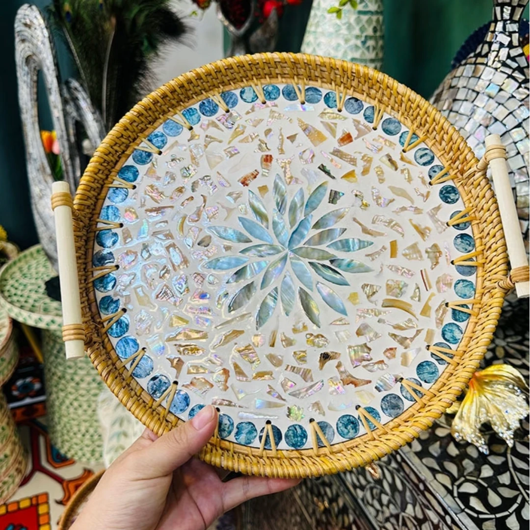 越南藤编家用贝壳手工蓝莲花款双耳托盘30-22cm