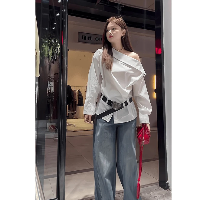春季新款纯欲风白色不规则长袖斜肩衬衫上衣高腰阔腿裤