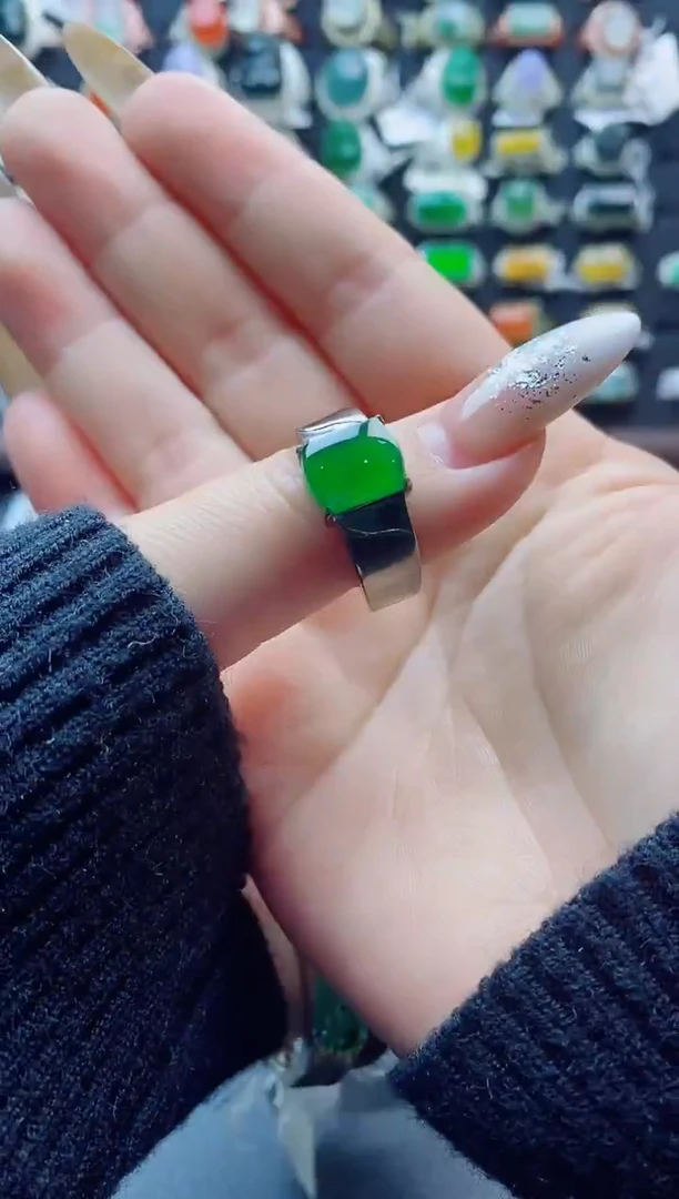 银S925镶嵌戒指翡翠超**爸天然翡翠A货男戒