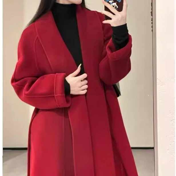 新年战袍红色双面毛呢大衣女2025时尚秋冬新款高级感气质毛呢外套