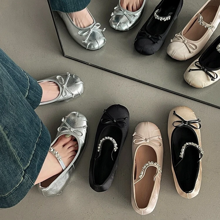 水钻蝴蝶结浅口芭蕾舞内增高5cm单鞋女2025年春夏季新款温柔单鞋