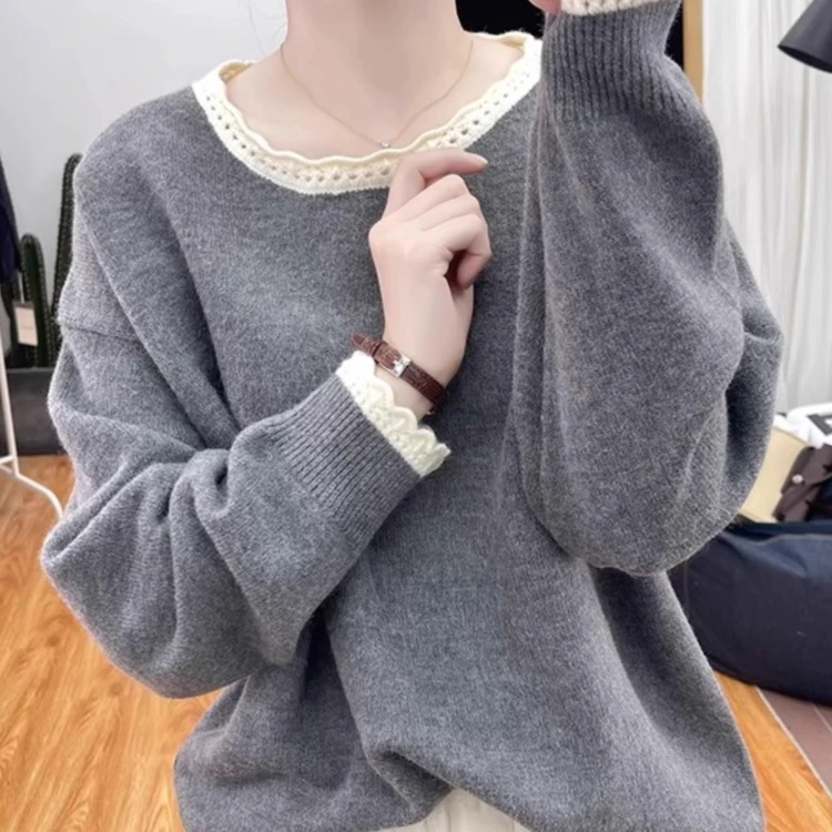 秋冬花边领加厚拼色针织衫女减龄宽松上衣2025新款圆领打底衫毛衣