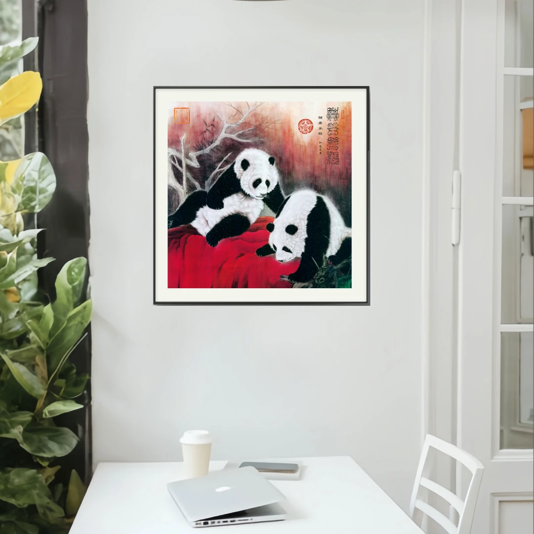 何冠逸-经典作品百福 积善为福熊猫68x68托底85x85【拓底装裱无框】