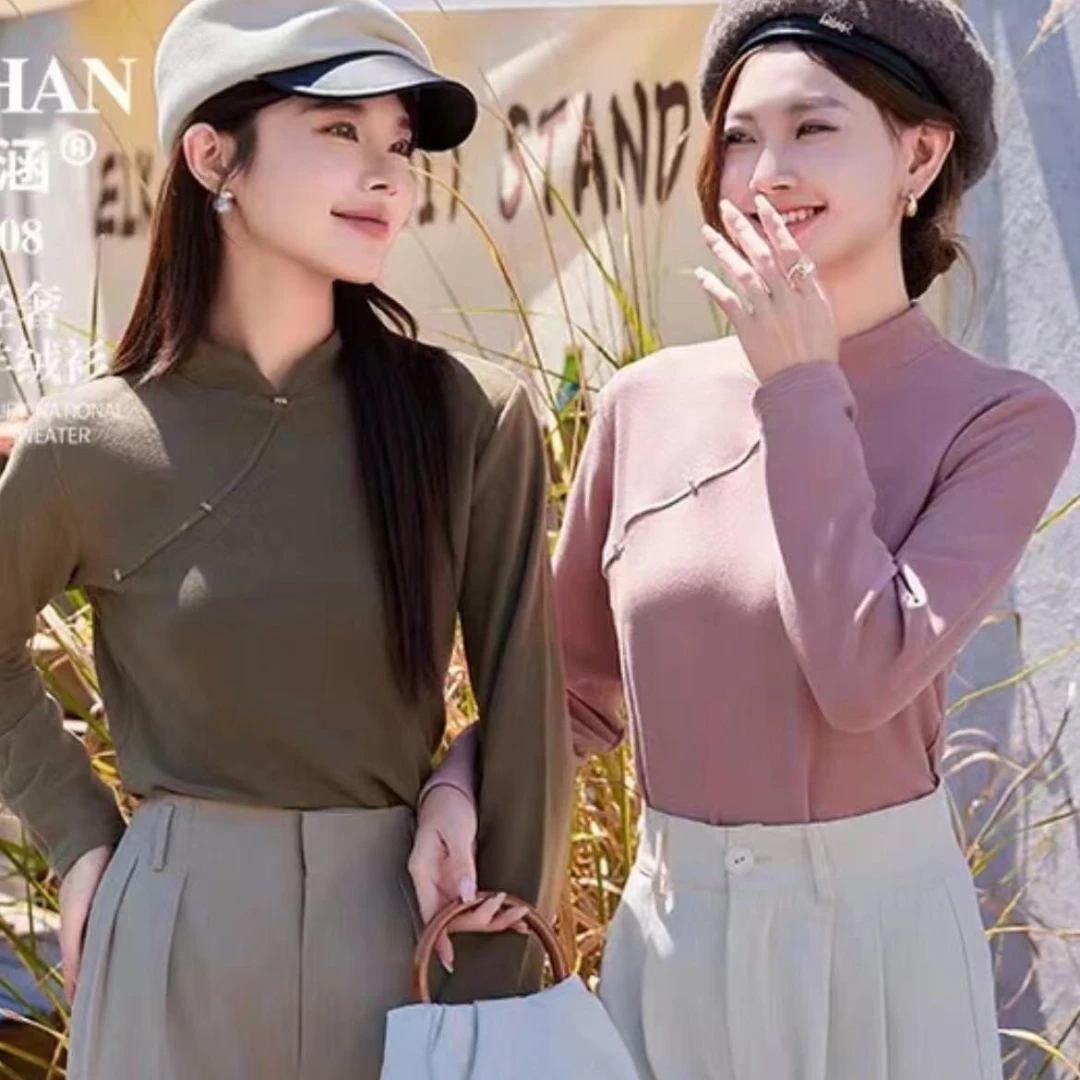 新中式长袖修身型T恤时尚女士薄款打底网红休闲针织女款绿色黑色