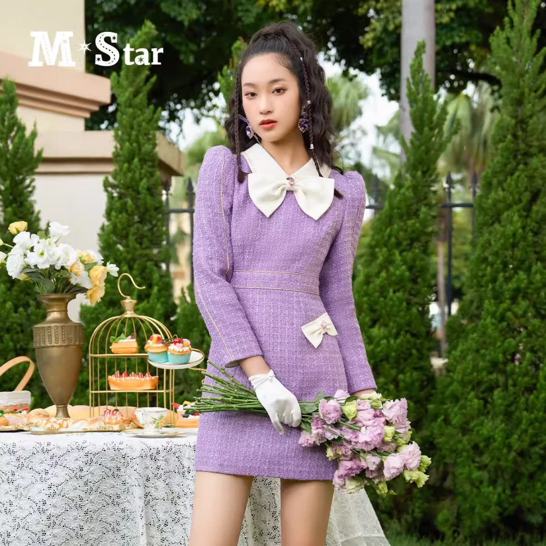 【媛媛女王专享】M-Star紫色格子小香风连衣裙女SEEL111523