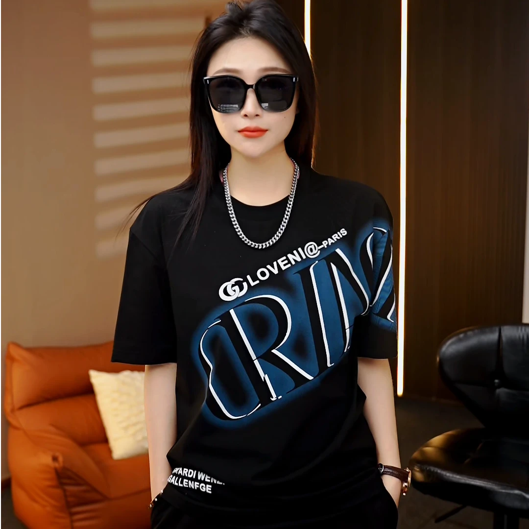 [麦森森专属]2025夏季微阔宽肩T恤男休闲植绒喷绘限定圆领