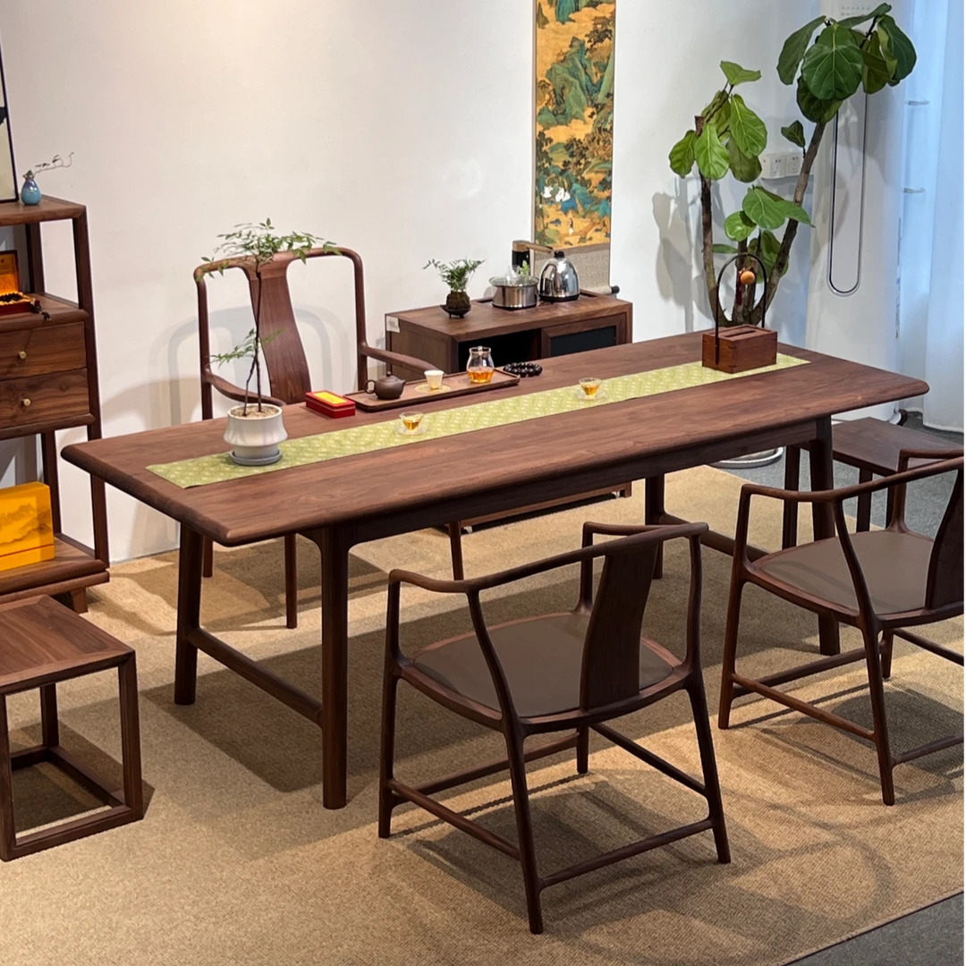 7件套北美黑胡桃木 听园茶桌 搭配如意主椅 圈椅茶水柜 方凳