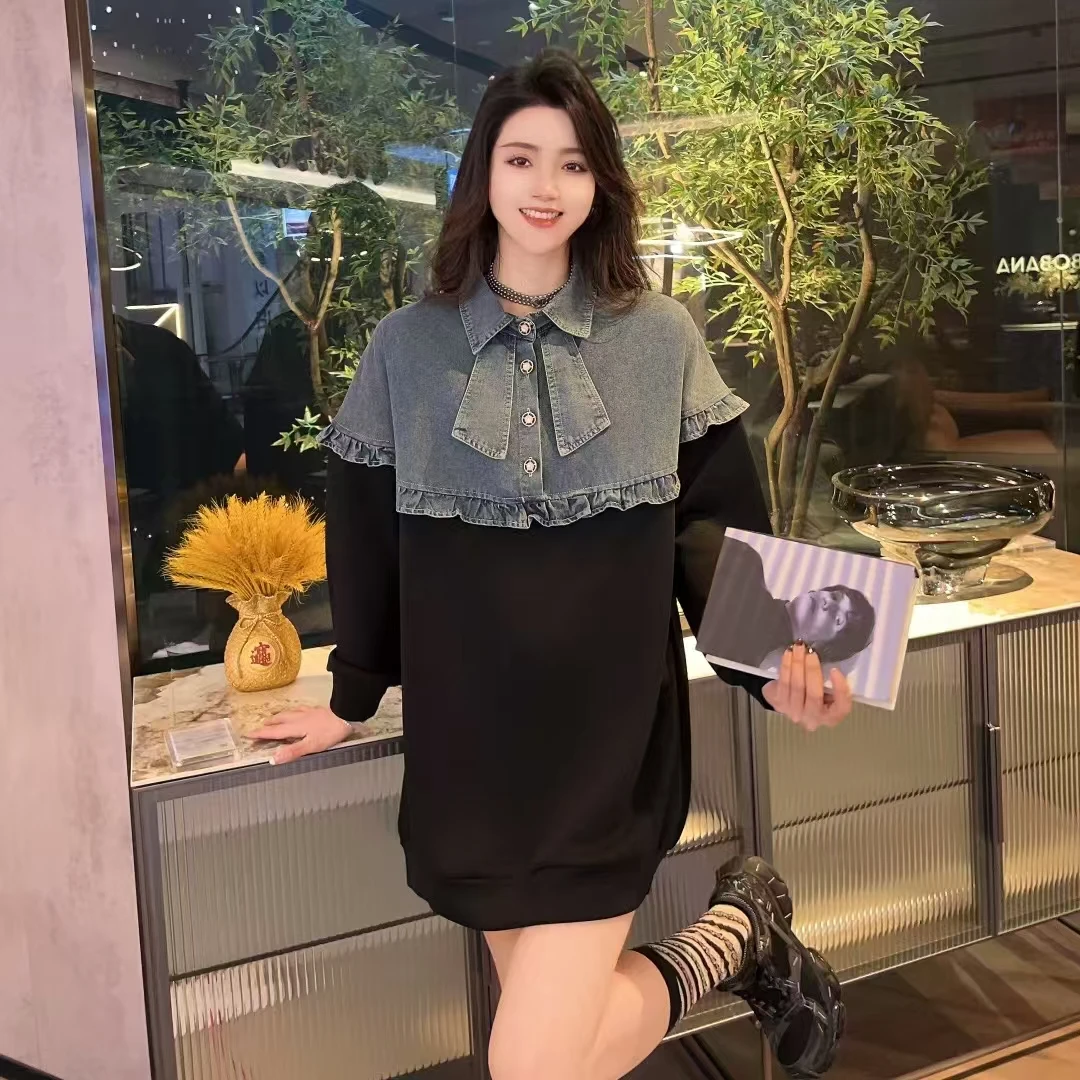 026卫衣裙牛仔拼接休闲风春季时尚长袖韩版翻领娃娃领减龄上衣
