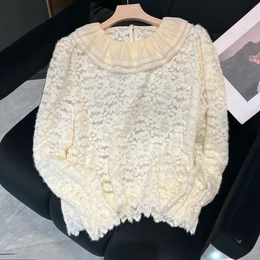 设计感蕾丝娃娃领微透长袖T恤女2025早春款韩系百搭时尚外穿上衣