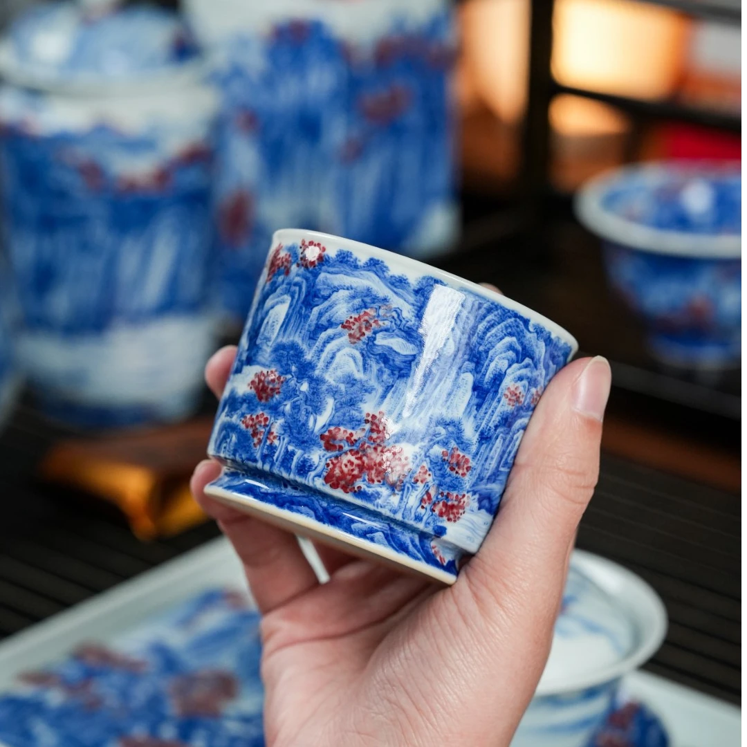 【小乔赏瓷】l林涛小馆景德镇手工手绘釉里红赤壁图直筒杯ltxg232.