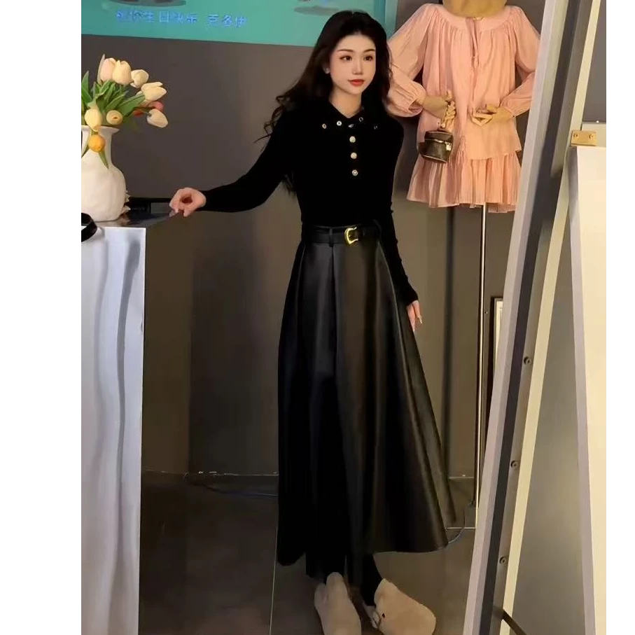 韩系高级感黑色针织衫a字皮裙巨好看的两件套气质套装6600