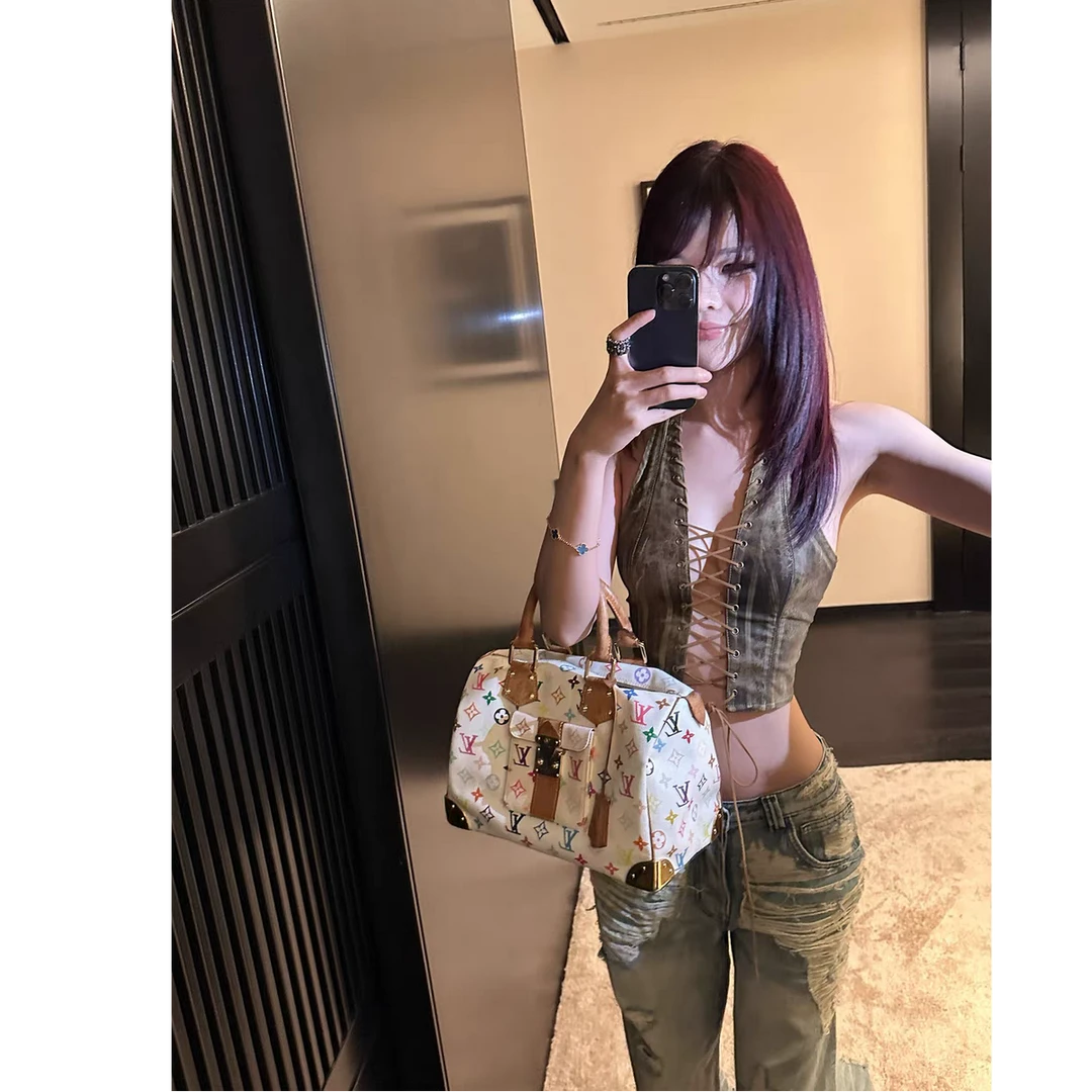 法式时尚气质咖色绑带皮背心上衣女百搭休闲宽松阔腿牛仔裤套装潮