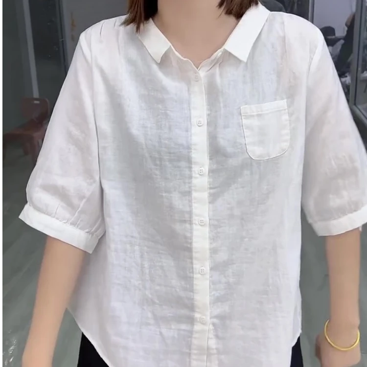 百搭时尚休闲风纯色夏季卡通宽松纯色衬衫上衣女装时尚宽松短袖