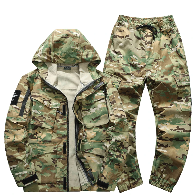 春秋季连帽户外迷彩工作服男装休闲套装防水透气耐磨弹力工装制服