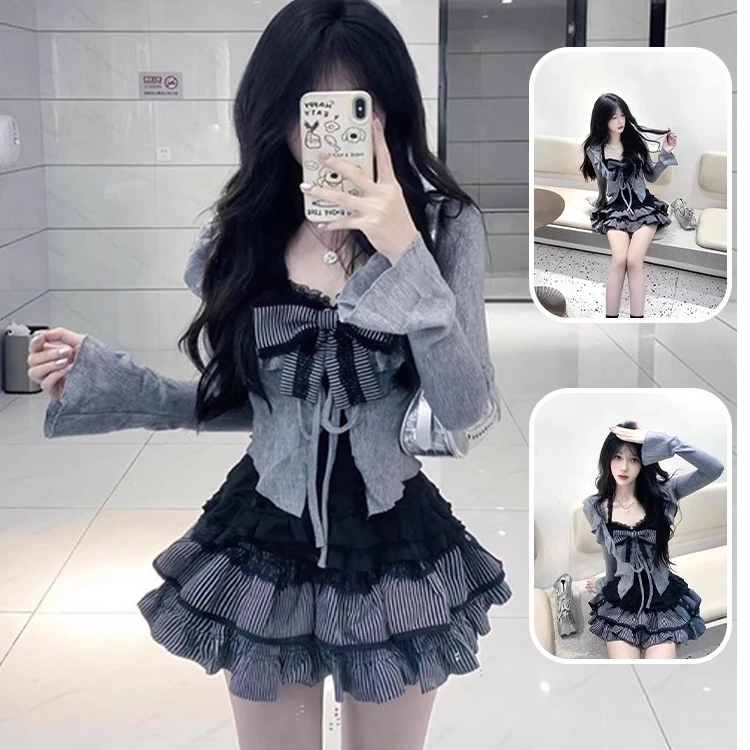 独特绝美秋季套装黑色蕾丝荷叶开衫显瘦蛋糕拼接吊带半身裙三件套