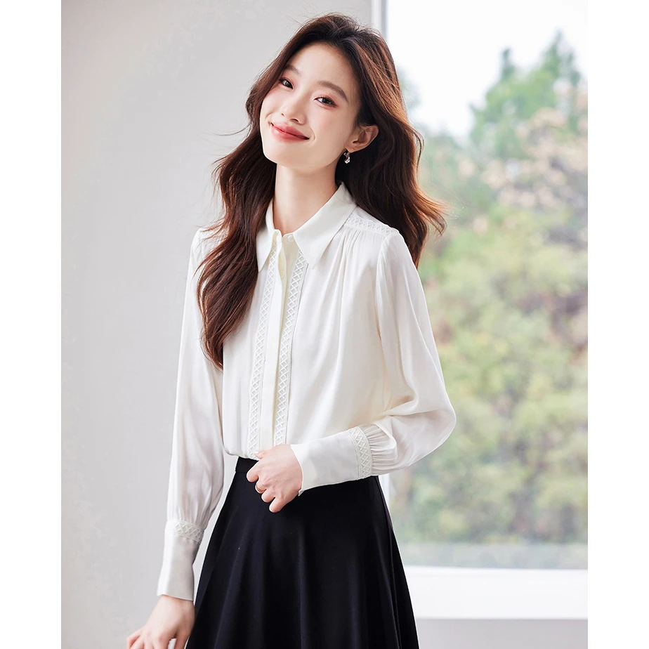 2025春秋季新款女装文艺Polo领宽松减龄上衣洋气时髦通勤白色衬衫