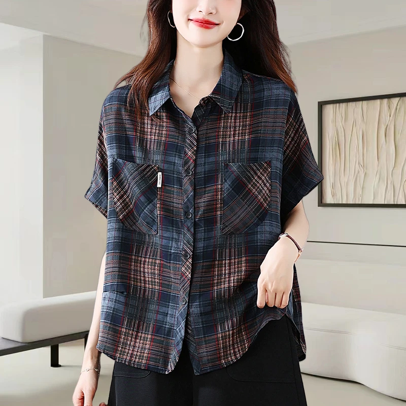格子翻领短袖衬衫女士2025夏季新款时尚减龄宽松遮肚显瘦休闲上衣
