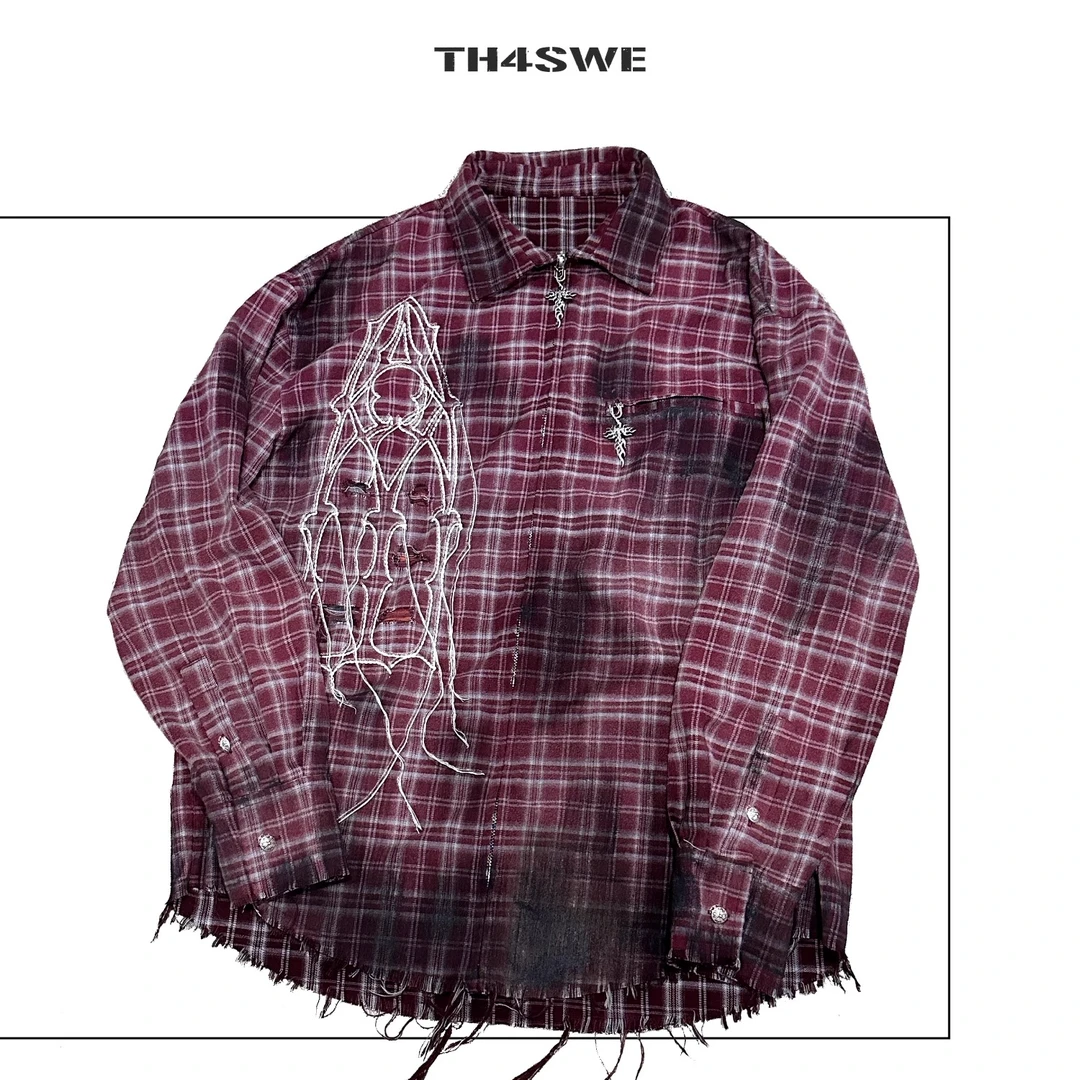 TH4SWE 暗黑小众刷蜡复古格纹衬衫长袖宽松格纹衬衣