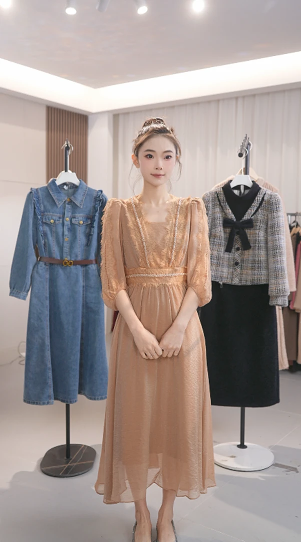 M0088 新款春秋季新中式收腰长裙气质连衣裙女