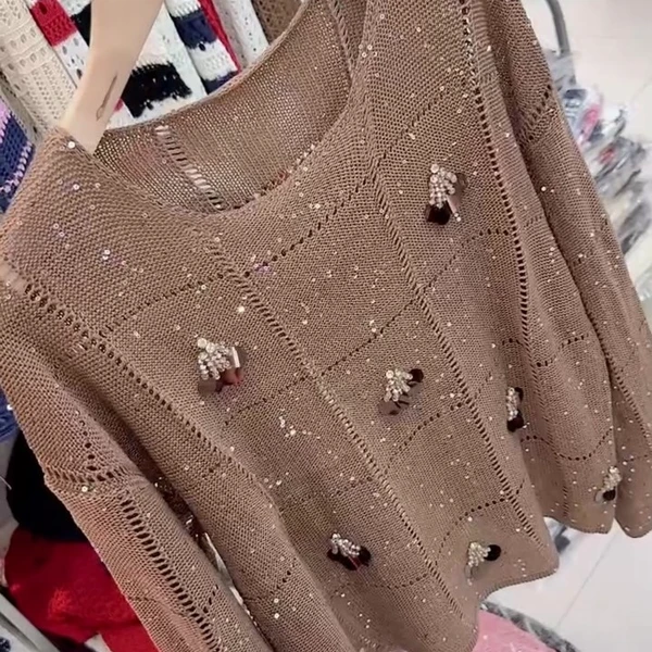 高级感棕黄色圆领针织衫重工烫钻格子镂空时尚长袖薄款毛衣女早秋