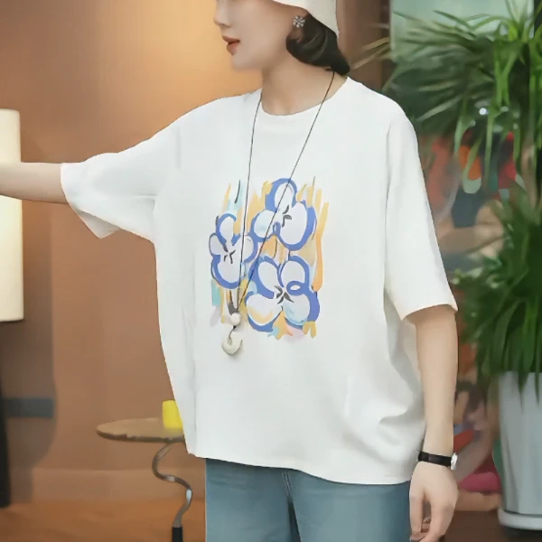 大码欧货宽松印花圆领短袖t恤女夏季胖MM显瘦遮肉设计感独特上衣