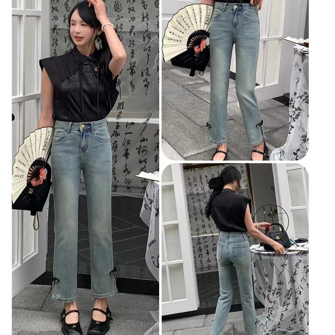 5939中式国风盘扣水洗牛仔烟管裤高腰显瘦直筒开叉九分裤女