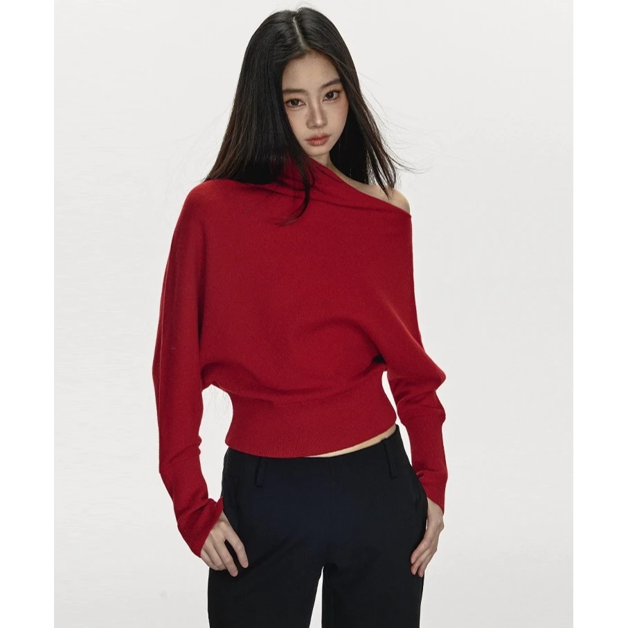 anna aneae 羊毛针织衫女秋冬打底衫设计感小众红色长袖t恤女