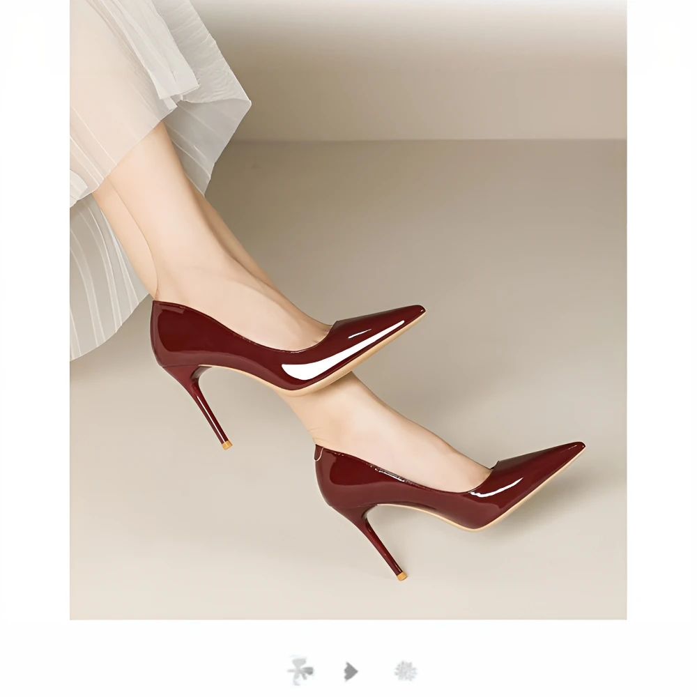 2024新款时尚高跟鞋酒红色显性感尖头高跟鞋女细跟名媛鞋高跟鞋