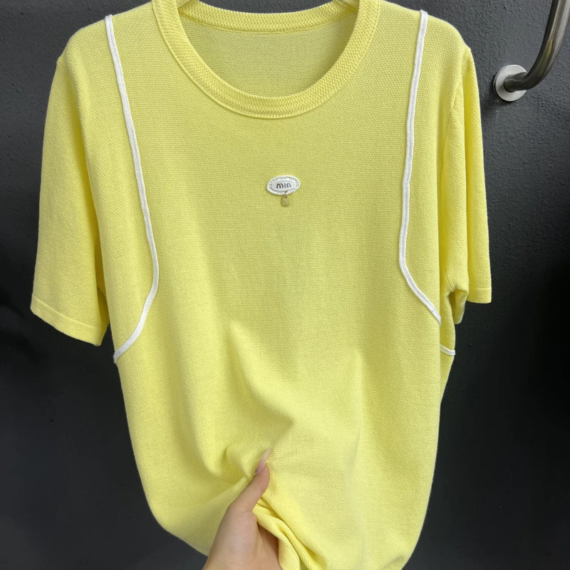 （货号045）冰丝短袖女夏季薄款条纹毛针织衫宽松小众设计感