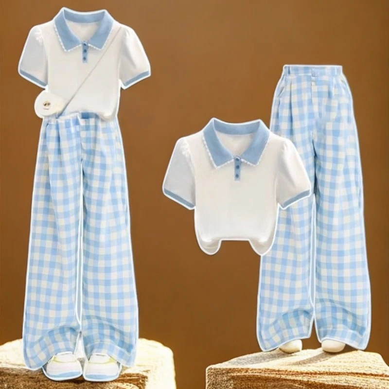 女童夏季阔腿裤套装2025新款短袖洋气中大童格子休闲裤夏装两件套