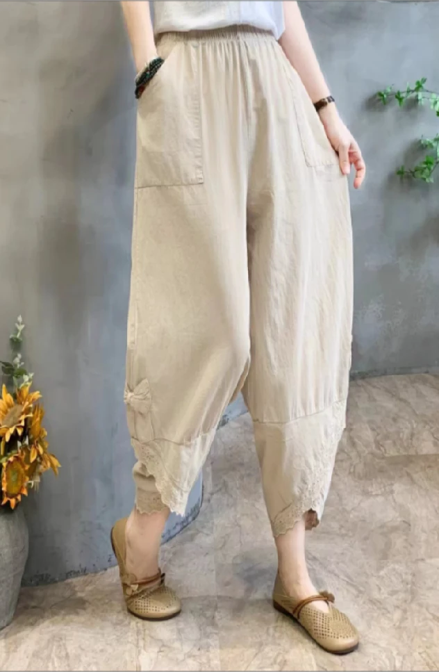 【韩国订单】高密纯棉脚口花边带蝴蝶结设计时尚鱼嘴裤AZ18188