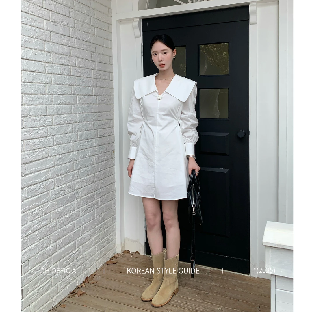 清 DH OFFICIAL 大花【韩系初恋 white】流光风翻领长袖衬衫连衣裙