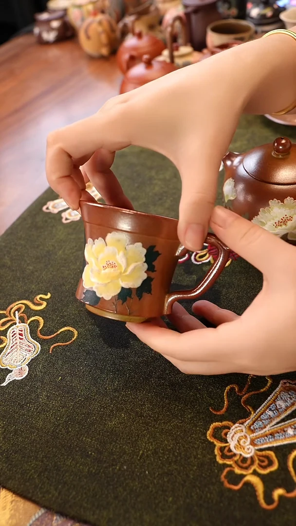 茶壶紫砂柴烧牡丹把杯