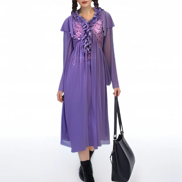 1582紫色设计师连衣裙