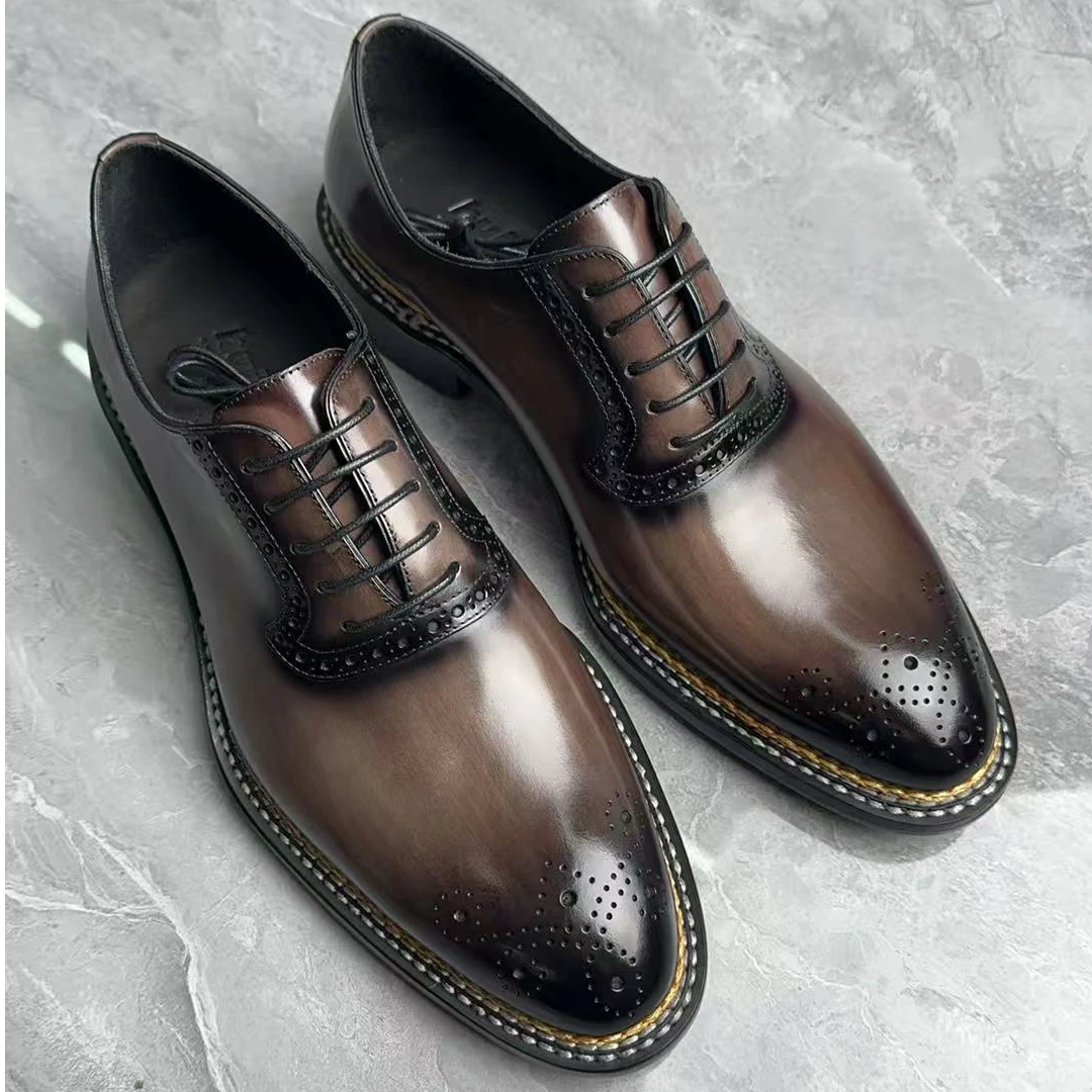 【Bujan】意大利进口擦色小牛皮牛津雕花木色棕挪威缝四线圆头系带