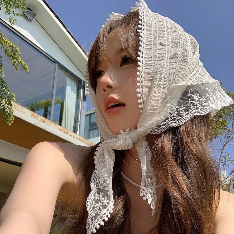 法式田园风头巾白色蕾丝三角巾头巾发带法式包头时尚拍照网红花朵