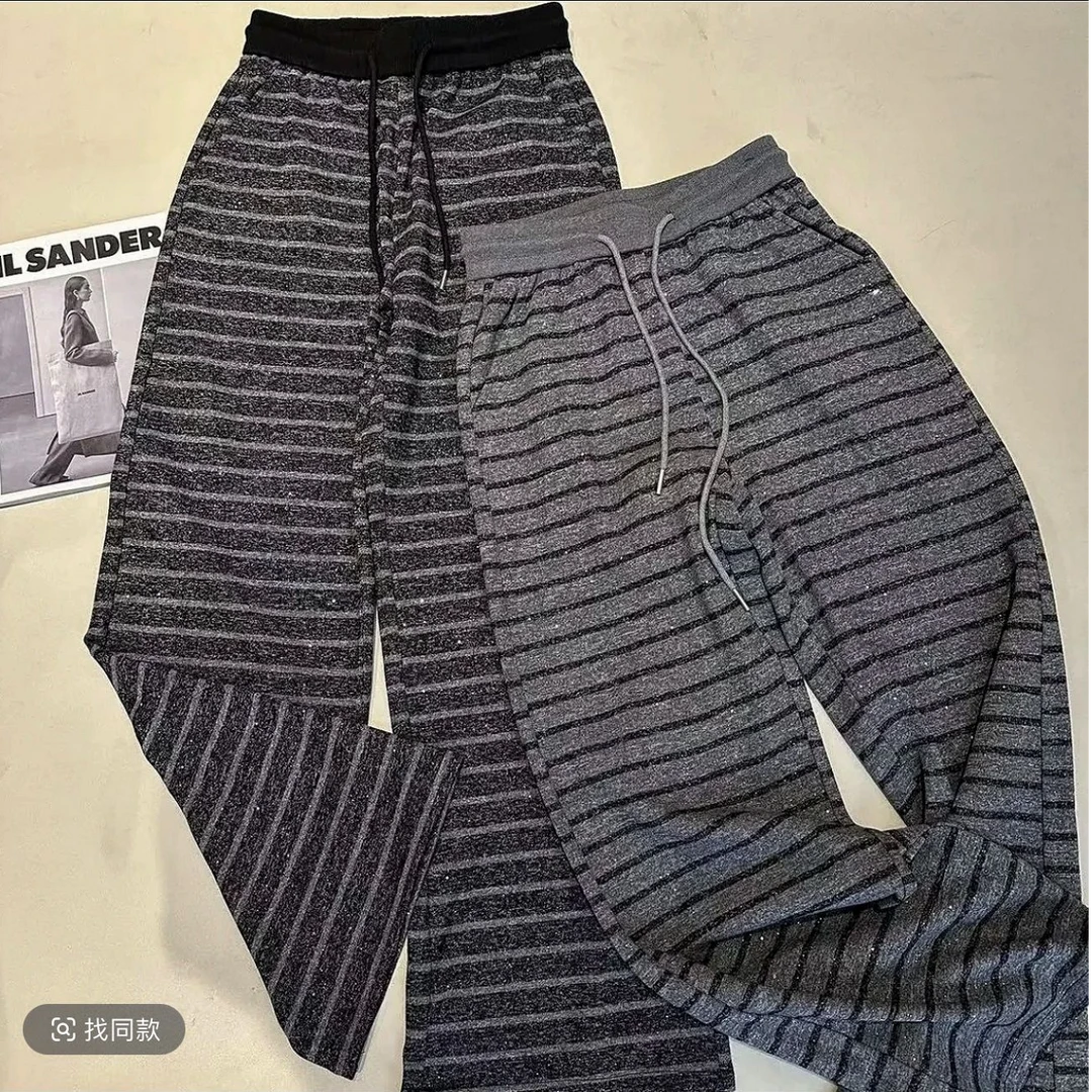 休闲裤百搭春季条纹长裤春季抽绳阔腿裤华夫格潮流风YY568