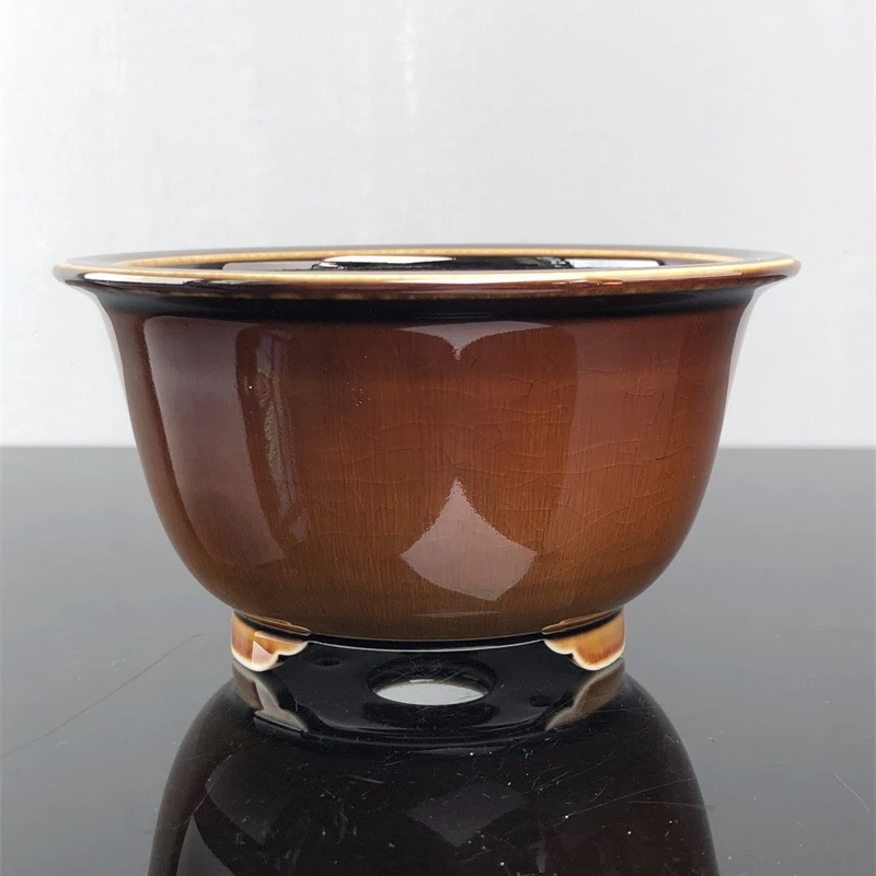 503 中号盆秋物山手工高温开片拉丝黄釉系列花盆，景德镇陶瓷