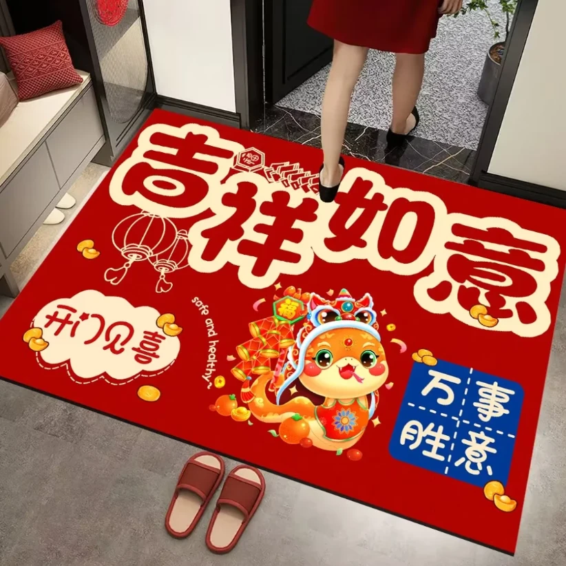 硅藻泥红色喜庆入户地垫中式玄关门垫家用吸水耐磨可裁剪入户门垫