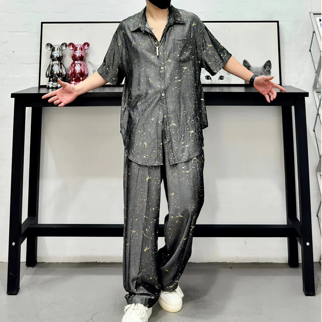 2025夏季新款时尚百搭衬衫套装男黑色手绘泼漆宽松短袖直筒长裤