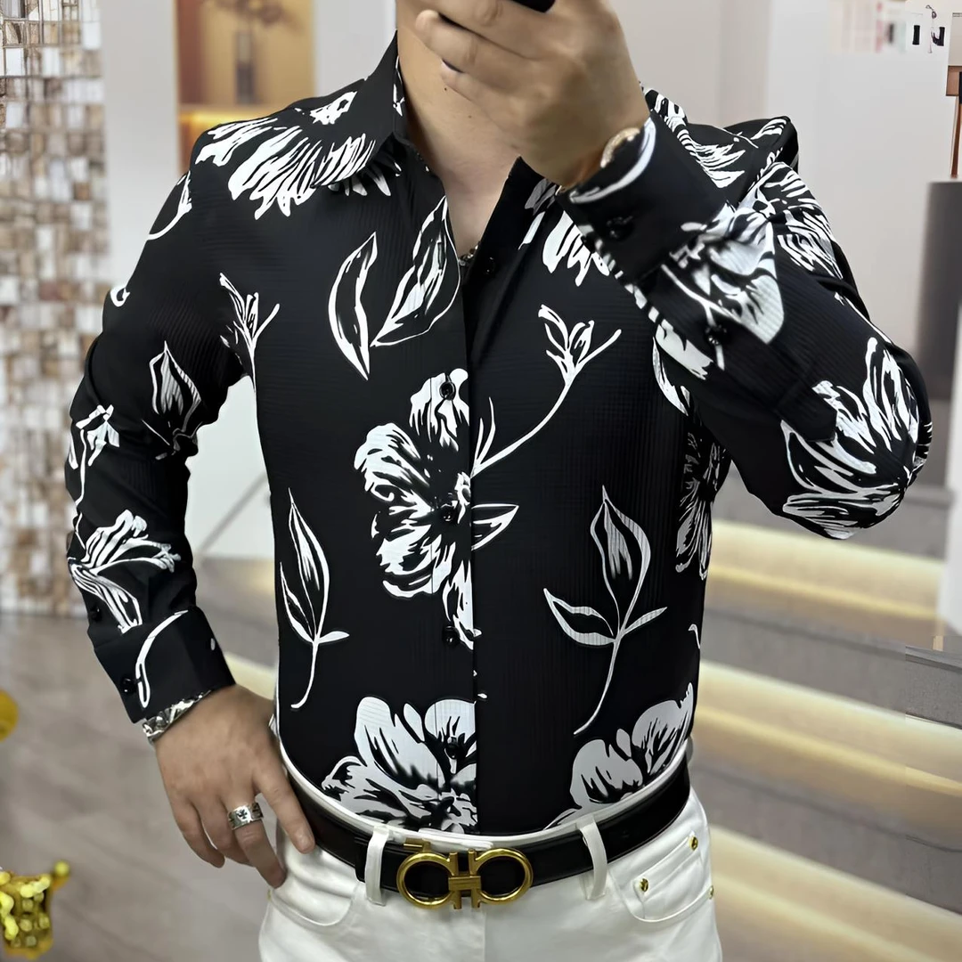 摩登25新款春秋季高品质弹力时尚潮流休闲韩版网红印花衬衣82476