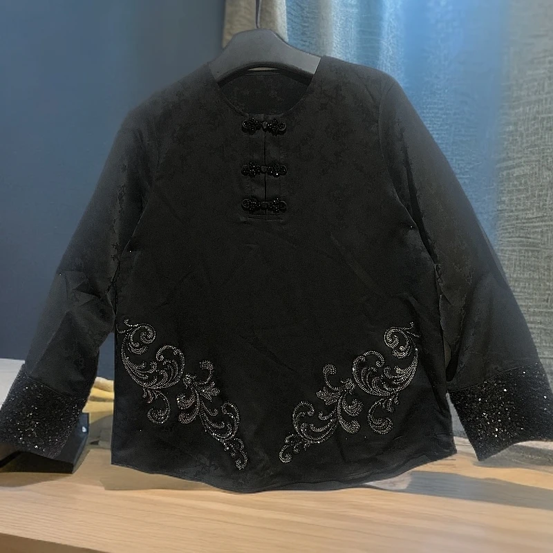 TCH轻奢烫钻工艺盘扣亮片鸢尾花提花上衣女T75A08M9072私服tch