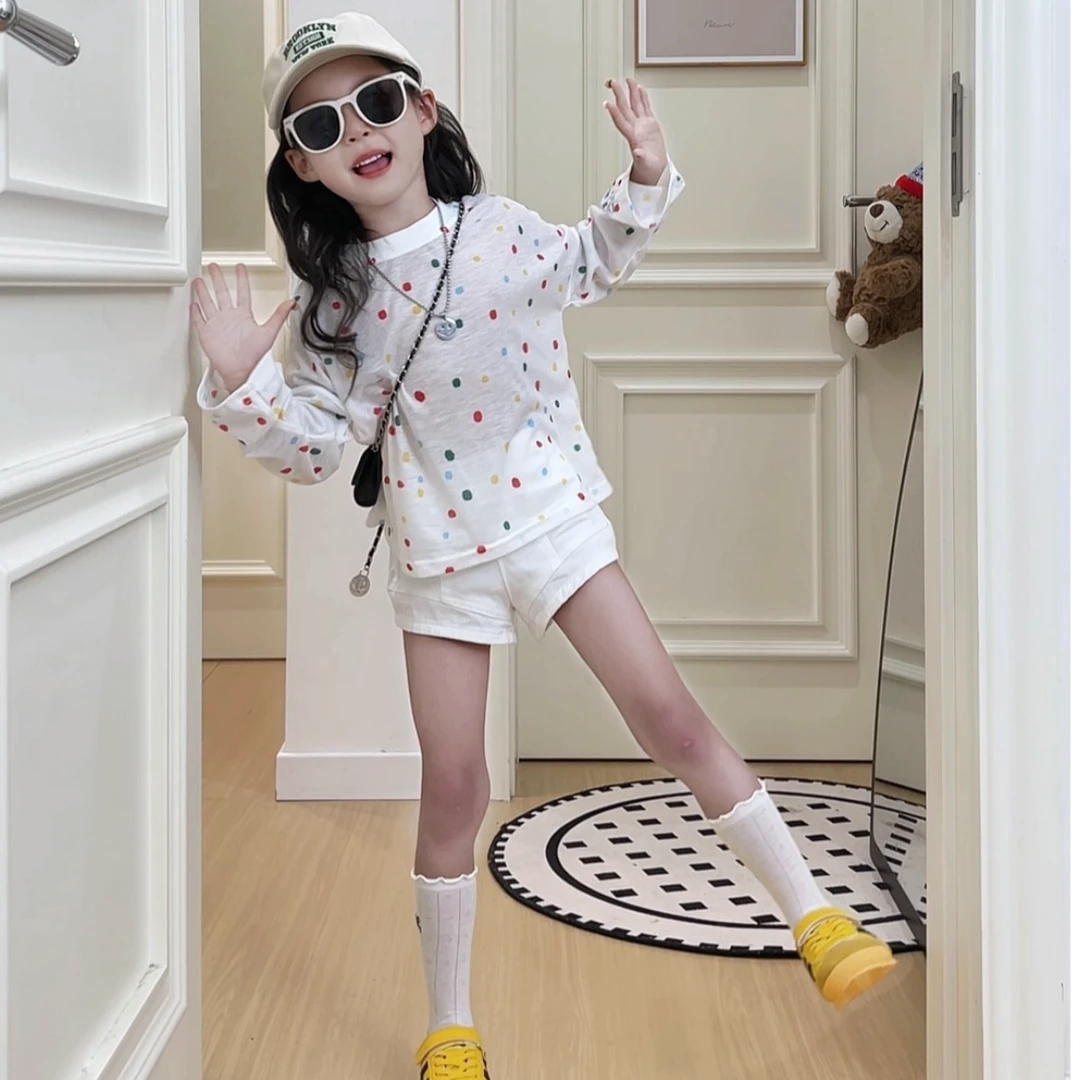 韩版童装女童夏装套装2025新款休闲彩色波点防晒罩衫上衣弹力短裤