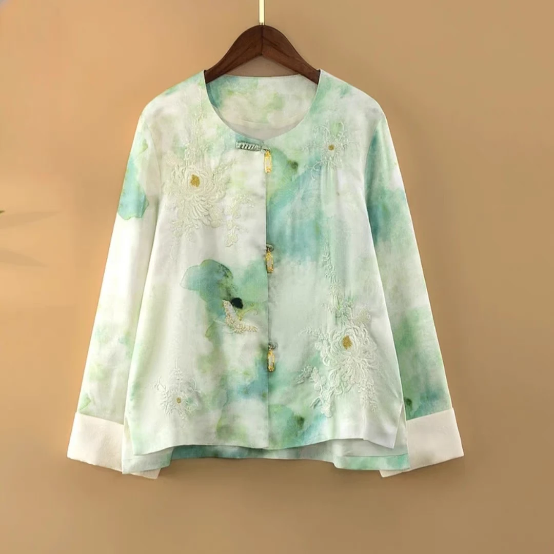 春夏2025新款国风宽松上衣女装新中式圆领绣花气质薄款外套
