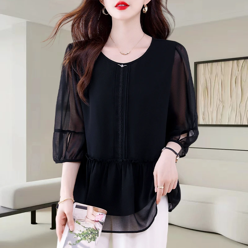 黑色圆领雪纺衫女士2025夏季新款洋气减龄宽松遮肚显瘦七分袖上衣