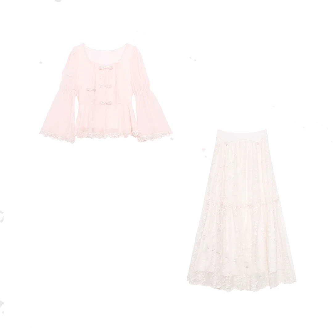 《桃花时》粉色丝绒白色蕾丝拼接半身裙套装系列女装温柔风盘扣上衣