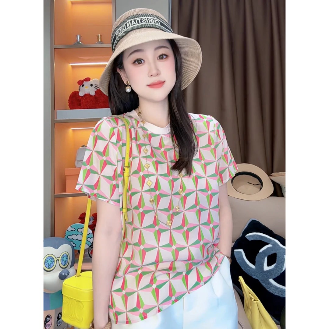 【丝芙玉禄】（F928）100真丝双绉印花粉绿夏季显瘦桑蚕丝t恤上衣