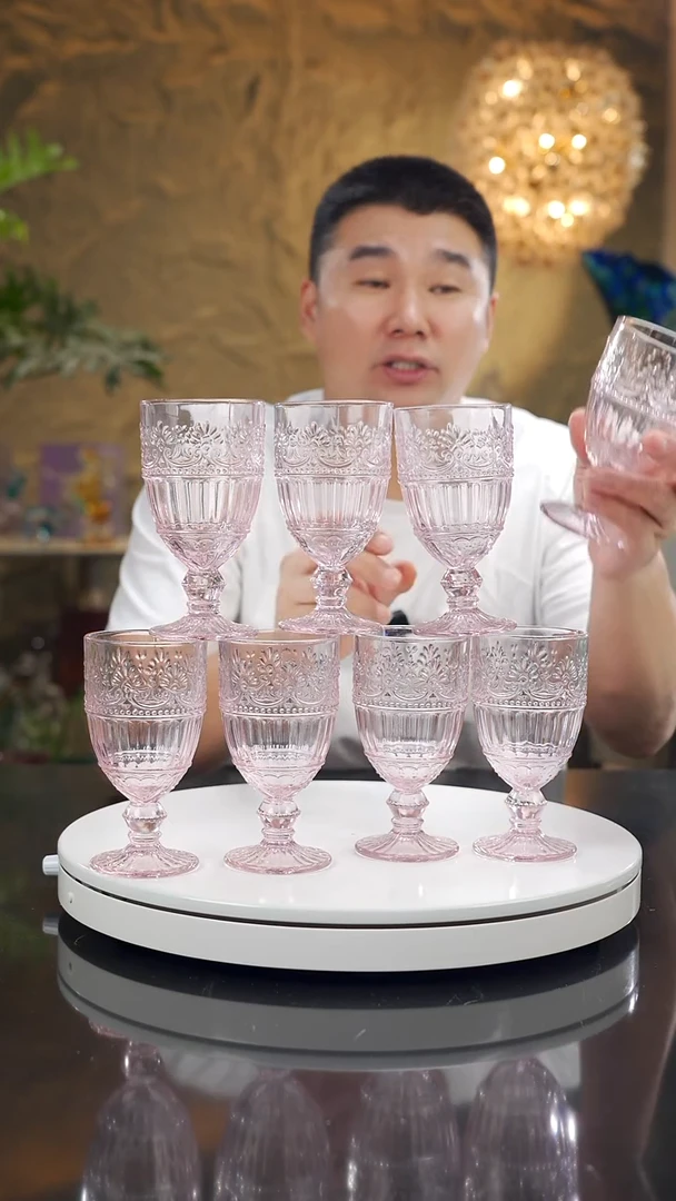 摆件福利粉色高脚杯一套八只
